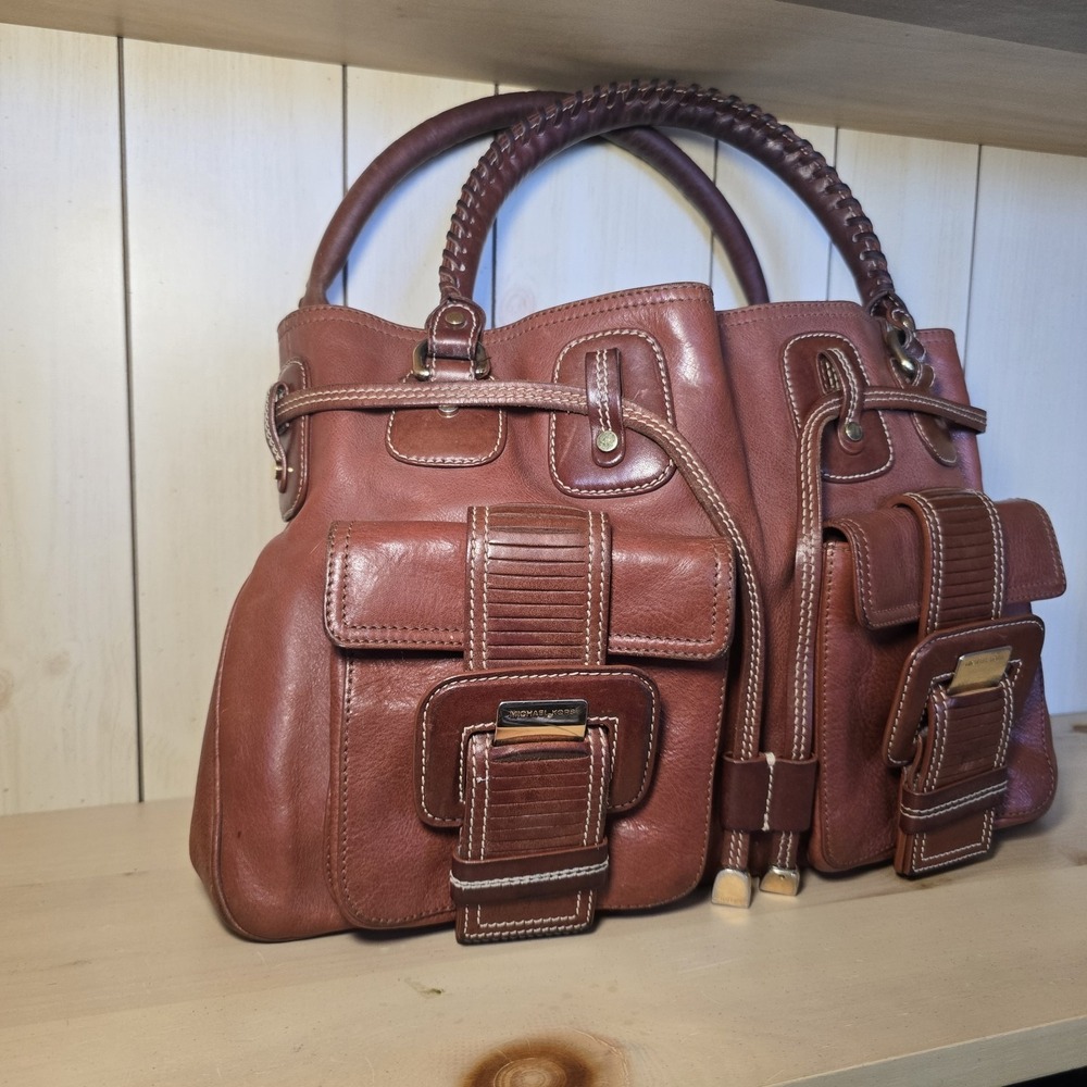 Vtg Michael Kors Double Pocket Buckle Whipstitch Leather Brown Hand Shoulder Bag - Picture 2 of 10